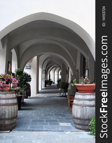 Empty colonnade in a small italian village