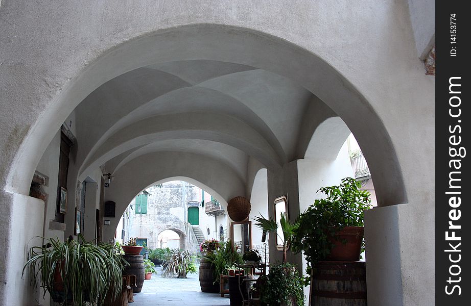 Empty passage under a colonnade in a small italian village. Empty passage under a colonnade in a small italian village