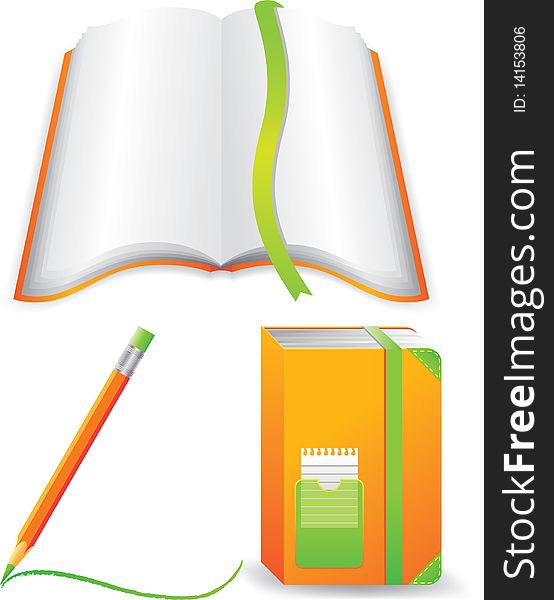 Orange notebook, open book and pencil.  Isolated on a white background. Vector will be additional. Orange notebook, open book and pencil.  Isolated on a white background. Vector will be additional
