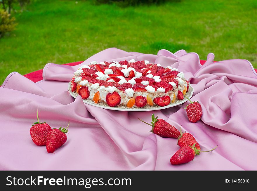 Picnic on a lawn with a strawberry pie