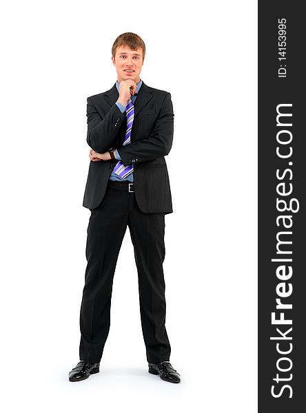 Full length of a smiling young businessman standing against isolated white background