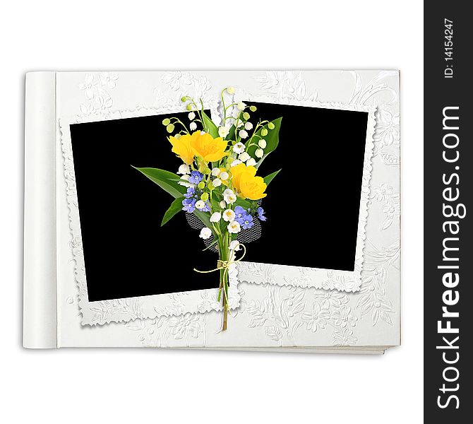 Album with frame and spring flowers