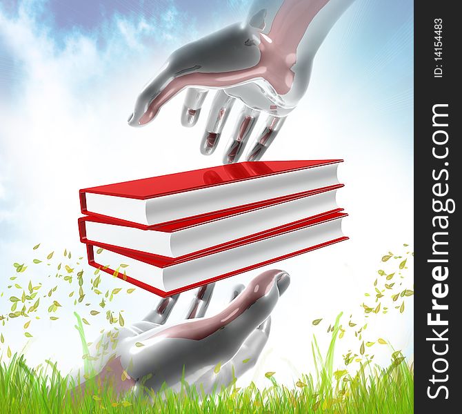 3d red books and silver hands