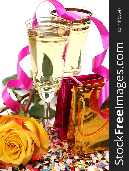 Wine and rose on a white background