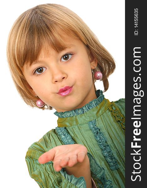 Little charming girl against white background