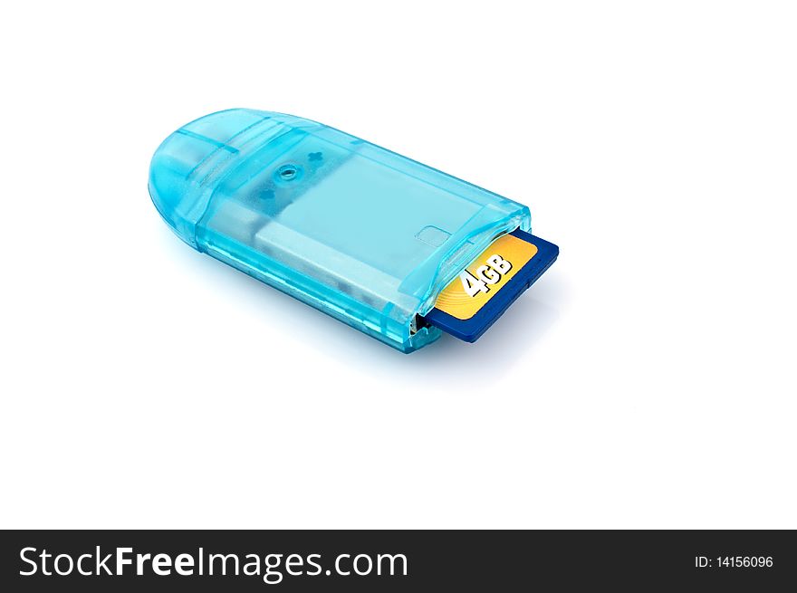 Blue card reader on white background