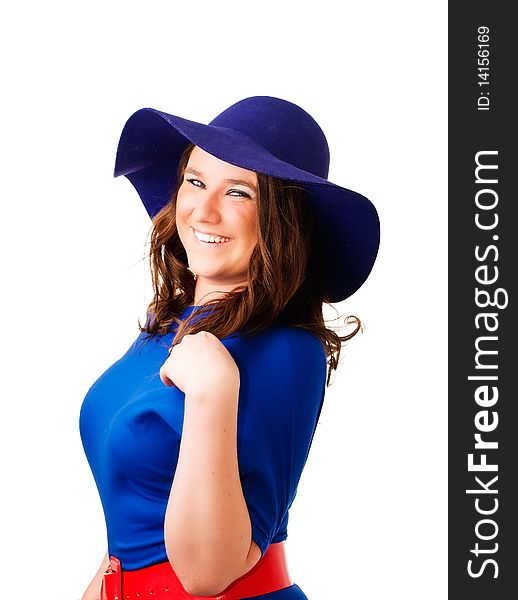 Happy woman in hat over white background