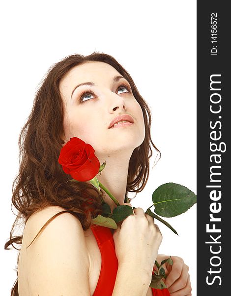 Portrait of beautiful happy happiness woman with rose gift. Portrait of beautiful happy happiness woman with rose gift