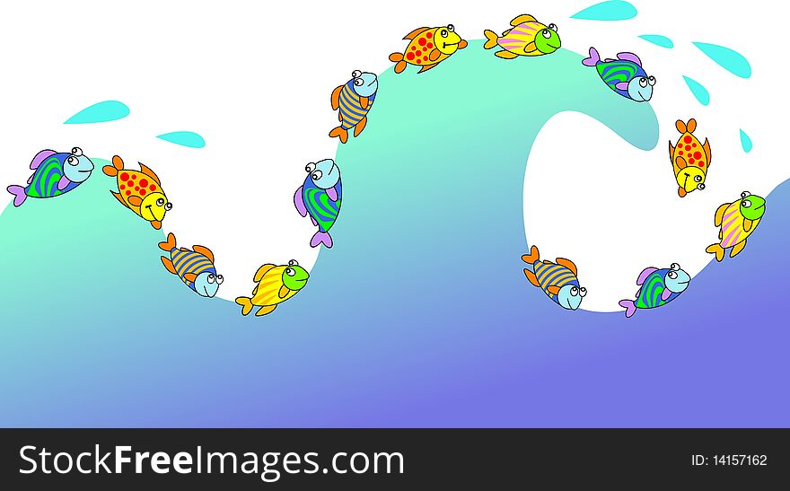 Playing fishes play with waves illustrated image