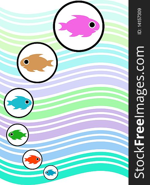 Fishes in bubbles line art background design