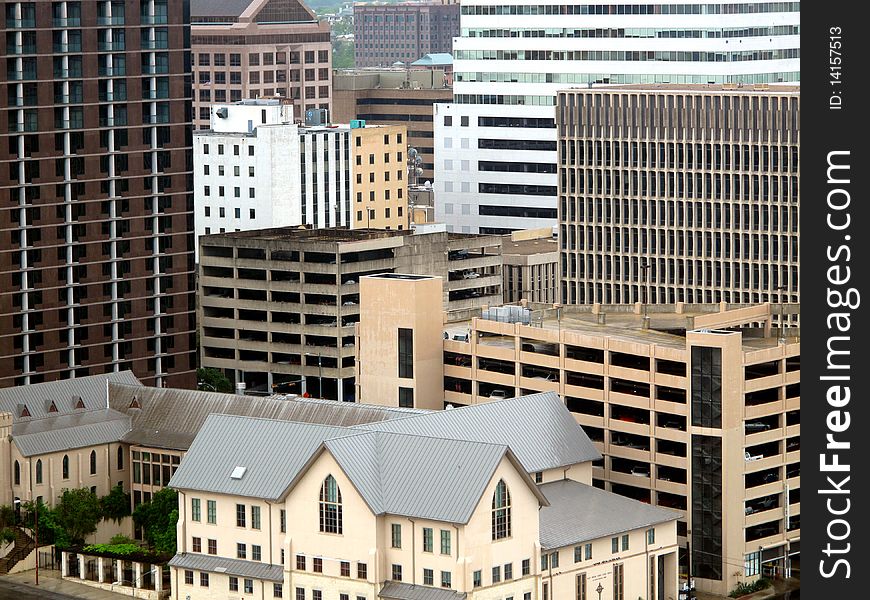 Office buildings in a big town view from above