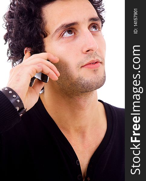 Close up portrait of a young man on the phone, isolated on white background