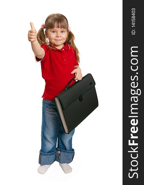 The little girl with a case on white background