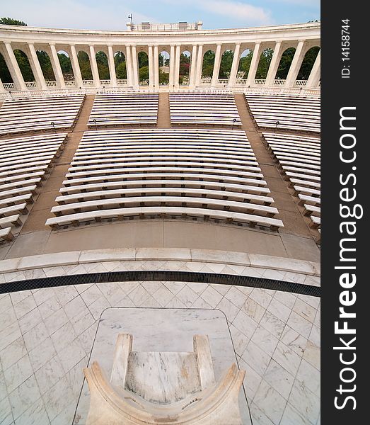 Memorial Amphitheater at Arlington National Cemetery. The Marble columns surround the theater. Used for memorial services to honor the fallen soldiers of the U.S.A. armed forces.