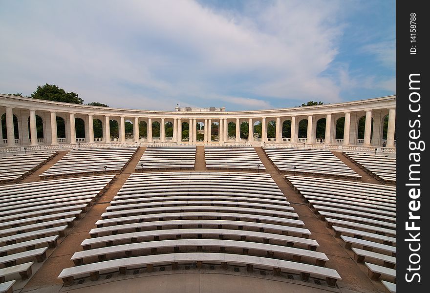 Memorial Amphitheater at Arlington National Cemetery. The Marble columns surround the theater. Used for memorial services to honor the fallen soldiers of the U.S.A. armed forces.