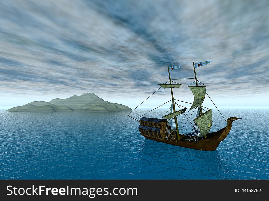 3D illustration of an ancient vessel in the ocean, with a small island in the background. 3D illustration of an ancient vessel in the ocean, with a small island in the background.