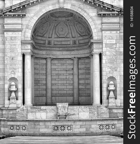 Memorial Amphitheater at Arlington National Cemetery. The Marble columns surround the theater. Used for memorial services to honor the fallen soldiers of the U.S.A. armed forces.