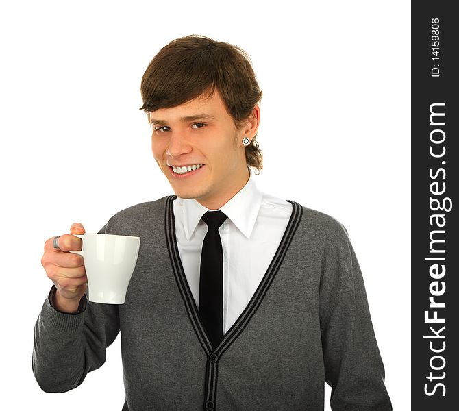 Smiling man with a cup isolated background
