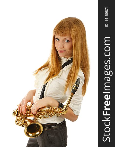 Young woman with saxophone. isolated background