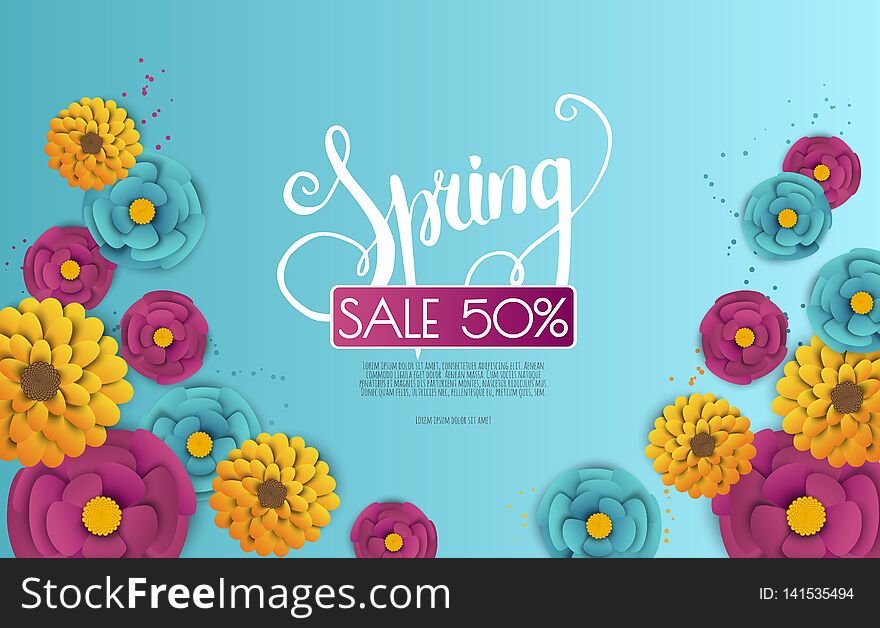 Spring sale banner with paper flowers on a white background.