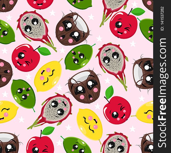 Seamless cute different pattern with fruits and emotions - coconut, lime, apple, dragon fruit. Seamless cute different pattern with fruits and emotions - coconut, lime, apple, dragon fruit