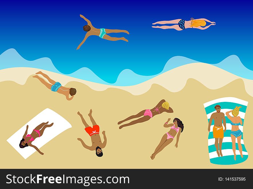 People sunbathing on the beach and swimming in the sea. Holiday design concept. People sunbathing on the beach and swimming in the sea. Holiday design concept.
