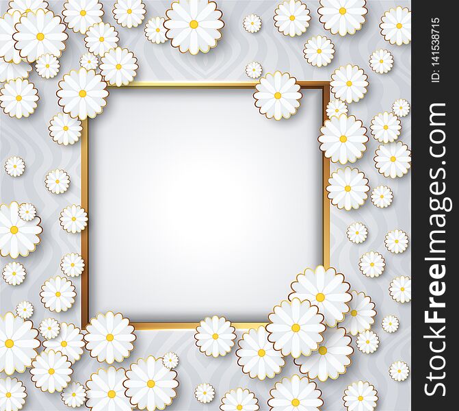 Delicate luxury square frame with chamomile, daisies. Place for greeting text with golden border. Template design greeting card or invitation for a woman or a wedding. Delicate luxury square frame with chamomile, daisies. Place for greeting text with golden border. Template design greeting card or invitation for a woman or a wedding.