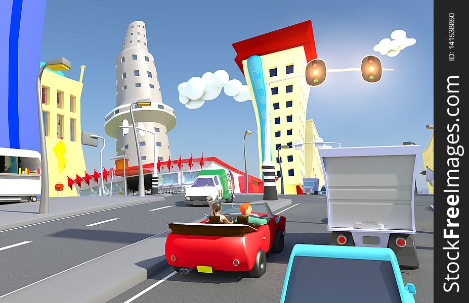 Stylized 3D Cartoon city traffic on a crossing with traffic lights and supermarket, between some buildings, 3D Rendering