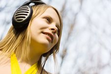 Blond Woman Smiling Listening Music In Headphones Royalty Free Stock Photo Blond Woman Smiling Listening Music In Headphones Royalty Free Stock Photo