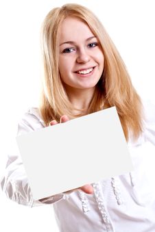 Young Business Woman With Business Card Royalty Free Stock Photos