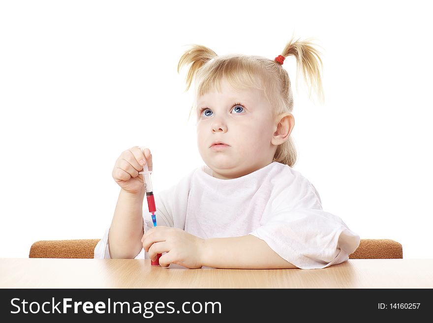 Child playing as a scientist with syringe. Child playing as a scientist with syringe
