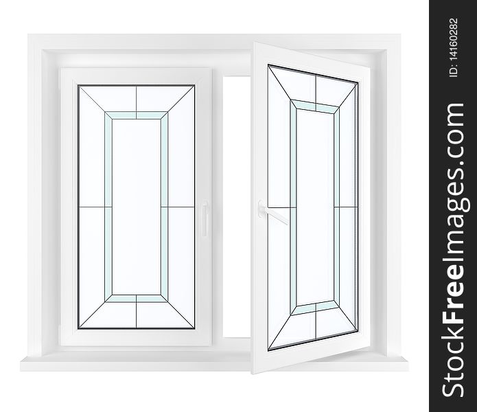 New half opened plastic glass window frame isolated on white background. 3d render. New half opened plastic glass window frame isolated on white background. 3d render.