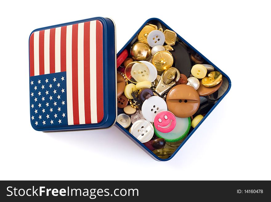 Small metal button box with american flag