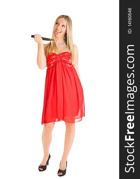 Blond woman in red dress and knife