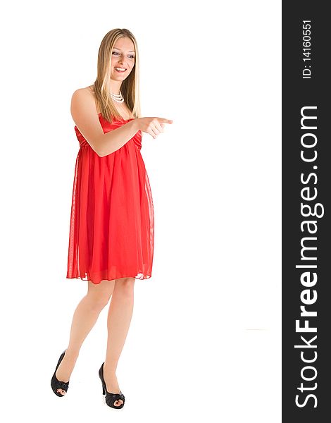 Isolated caucasian blond woman in red dress