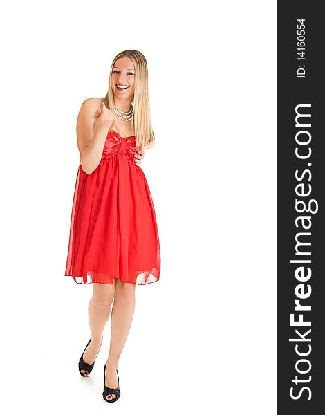 Isolated Caucasian Blond Woman In Red Dress