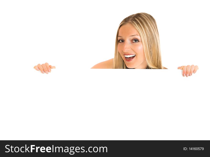 Woman peeping from white board. Woman peeping from white board