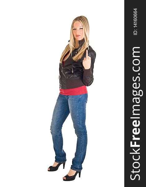 Woman in leather jacket showing middle finger and jeans isolated