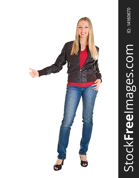 Woman in leather jacket and jeans isolated