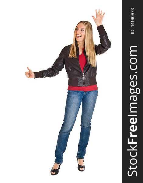 Woman in leather jacket waving and hitchhiking