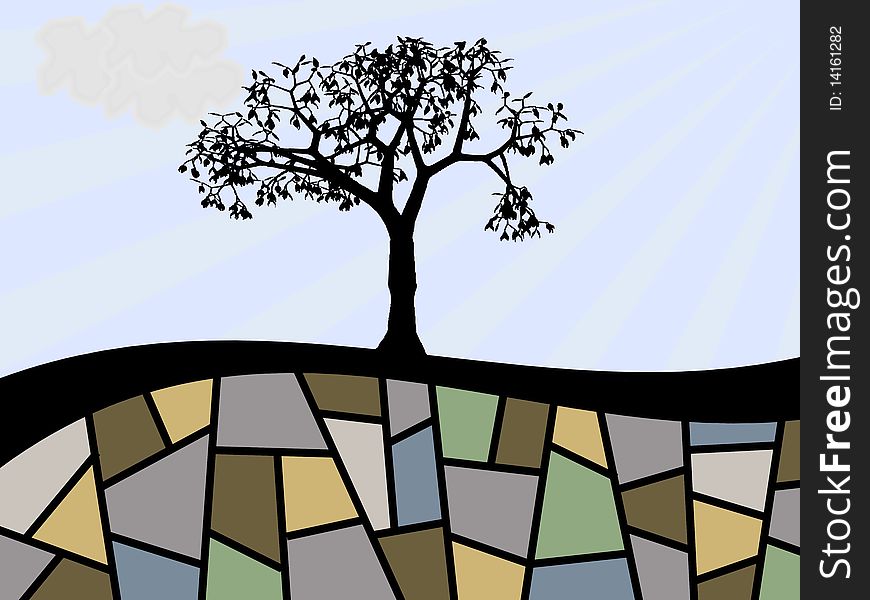 Illustration of abstract black tree and abstract fields. Illustration of abstract black tree and abstract fields