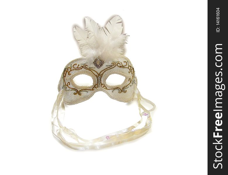 White Carnival Mask with black feathers. Isolated on white