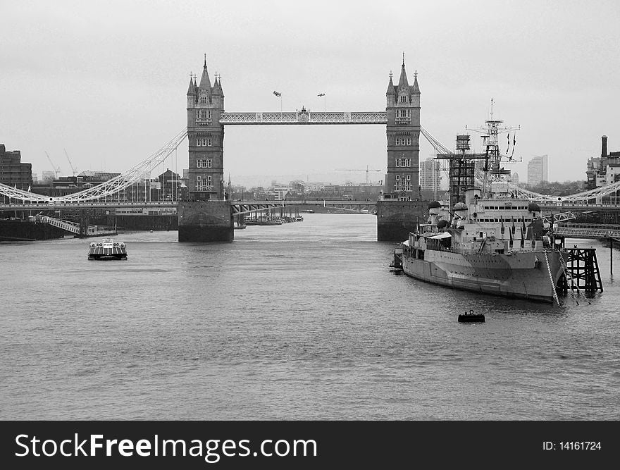 London's Tower bridge and surrounding areas (including war ship HMS Belfast).