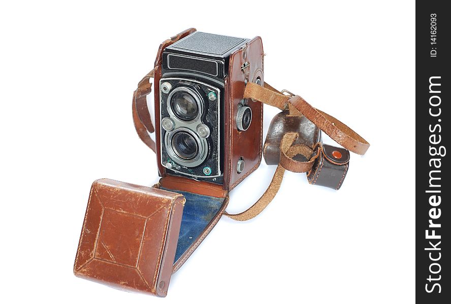 A Vintage medium format camera isolated against a white background