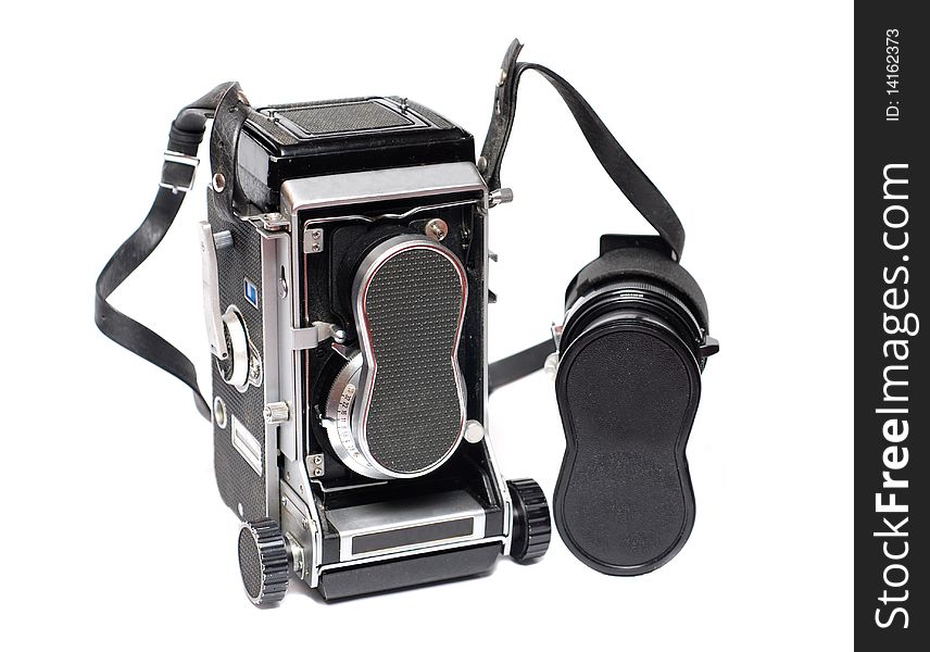 A Vintage medium format camera isolated against a white background