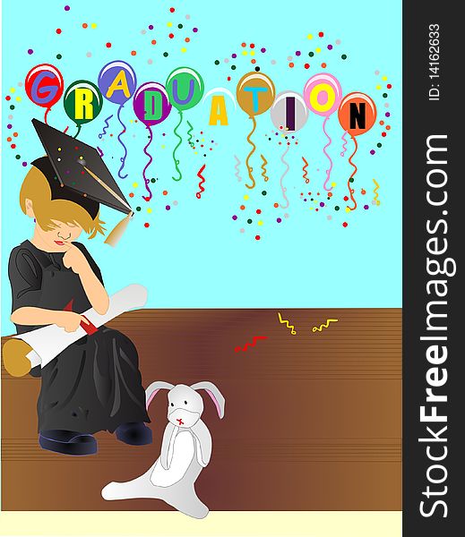 Child, sitting with the BIG diploma in hand, on the steps with the old stuffed rabbit. Balloons in the background of the celebrations. Child, sitting with the BIG diploma in hand, on the steps with the old stuffed rabbit. Balloons in the background of the celebrations...