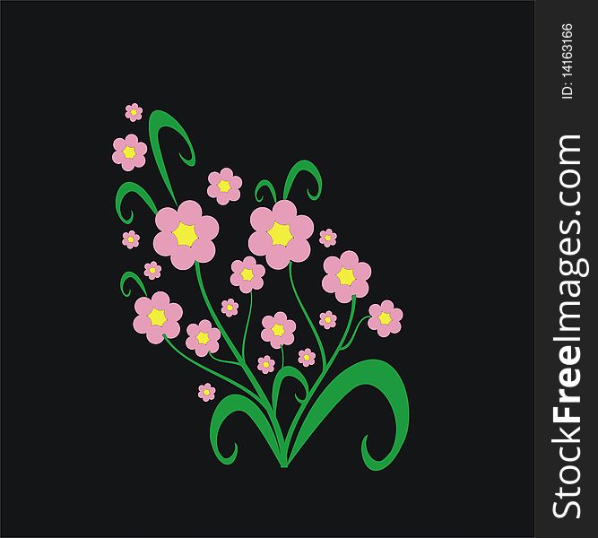 Pink flowers with leaves on a black background. Pink flowers with leaves on a black background