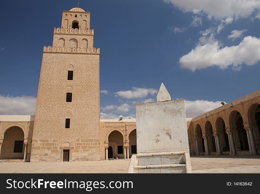 Tower in a center of court yard of a Great mosque in Kairuan in Tunisia in mediterranean Africa