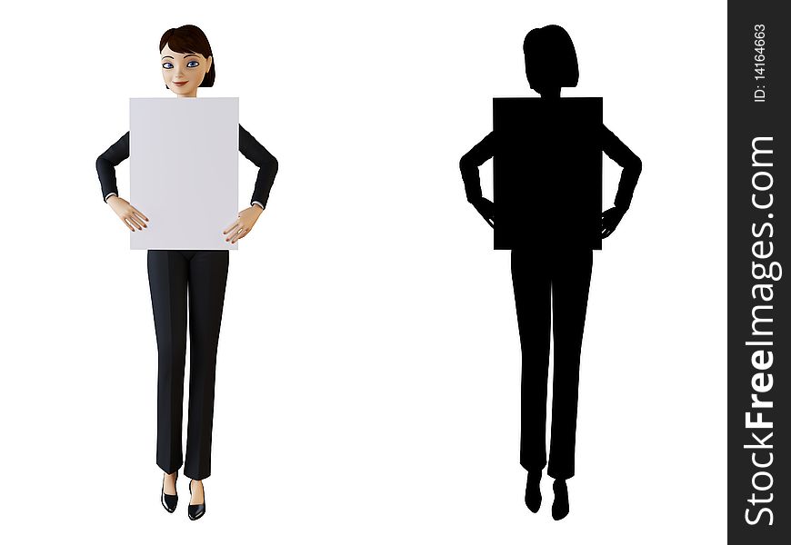 Businesswoman and panel on a white background with alpha mask. Businesswoman and panel on a white background with alpha mask