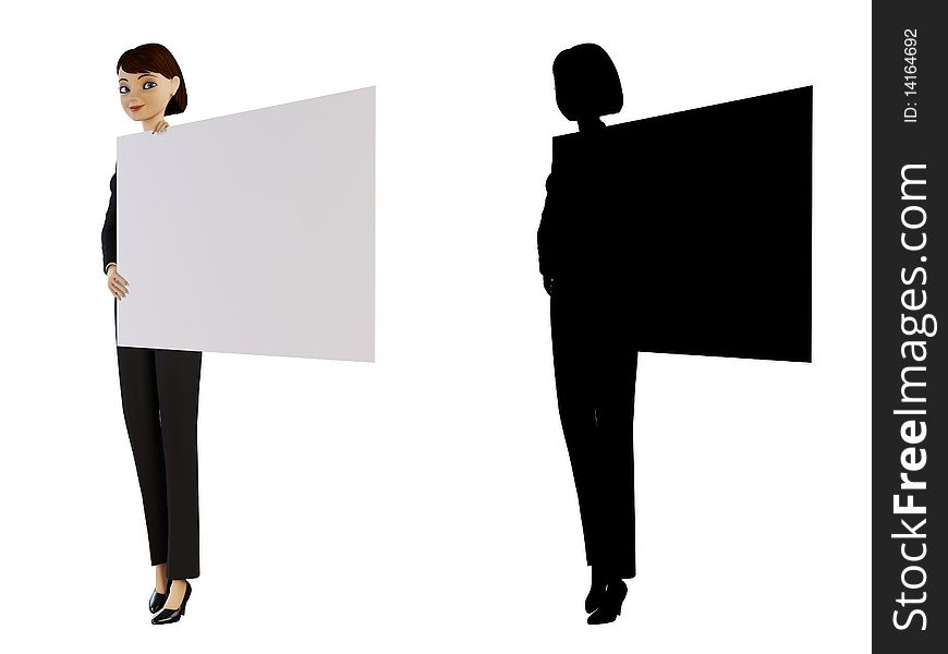 Businesswoman and panel on a white background with alpha mask. Businesswoman and panel on a white background with alpha mask